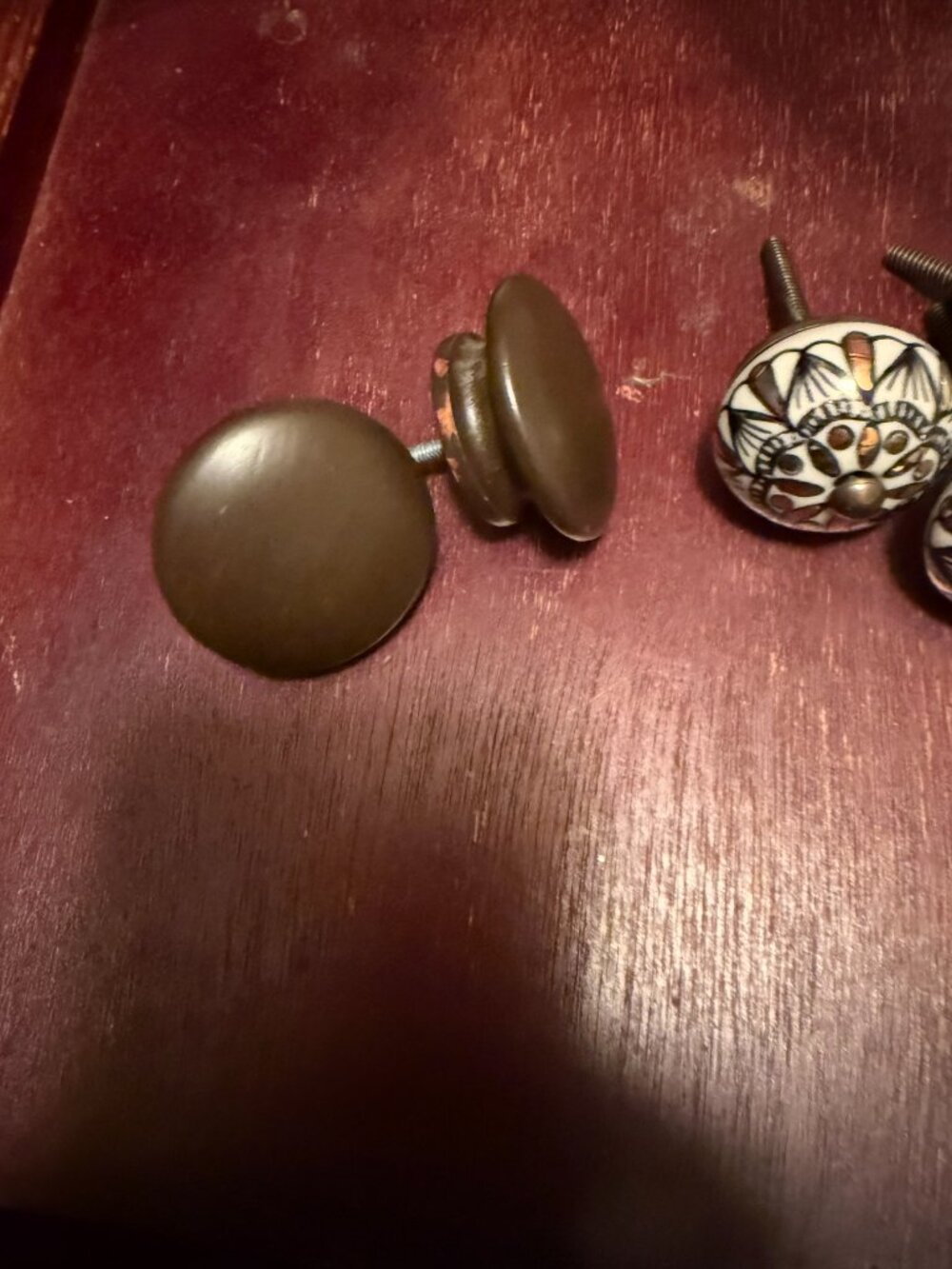Rustic Brown Painted Round Wooden Knobs Farmhouse Wood Cabinet Pulls, Set of 2 - Picture 3 of 6